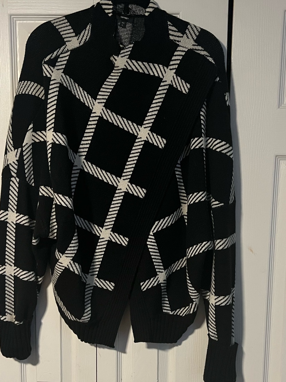 Express Black and White Plaid Open-Front Cardigan